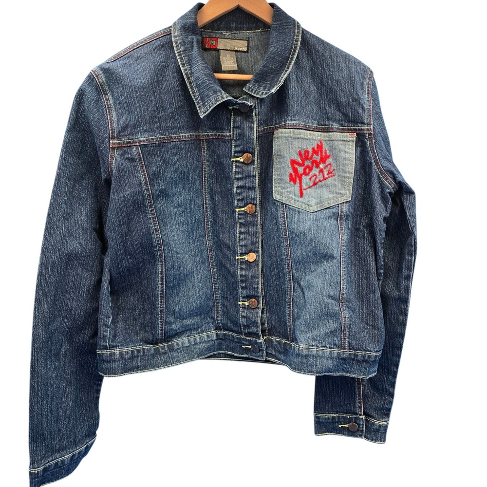 Neeso Womens 2X Denim Jacket Dark Wash New York 212 Embroidered Contrast Panel